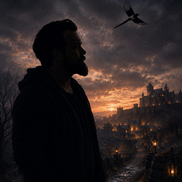 Silhouette of Isaac J Burns with a magpie above a dusk landscape