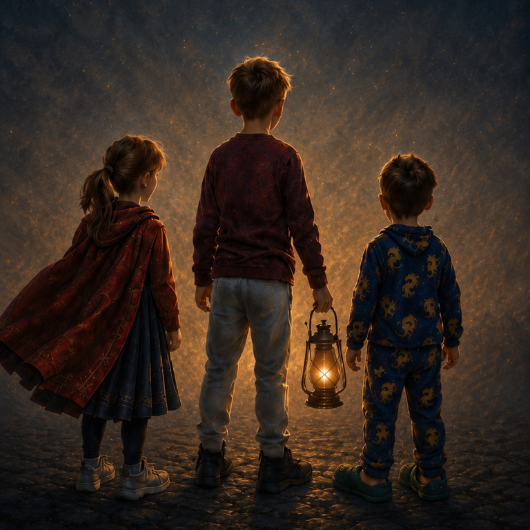 Boo, Jax and Leo standing together with a lantern at Dusk Keep