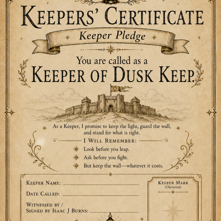 Printable Keeper Certificate from The Dusklight Keepers